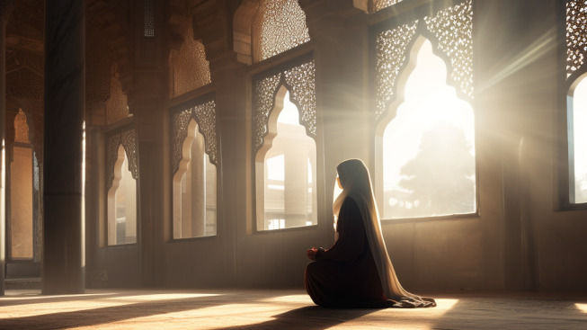 Femme voilé dans une mosquée illuminée